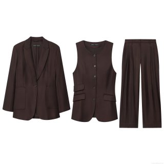Women's Solid Dark Brown 3-Piece Suit Set Professional Office Chic Blazer Waistcoat Vest And Wide Leg Pants Polyester Elegant Commuter Streetwear Outfit