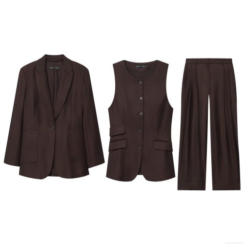 Women's Solid Dark Brown 3-Piece Suit Set Professional Office Chic Blazer Waistcoat Vest And Wide Leg Pants Polyester Elegant Commuter Streetwear Outfit