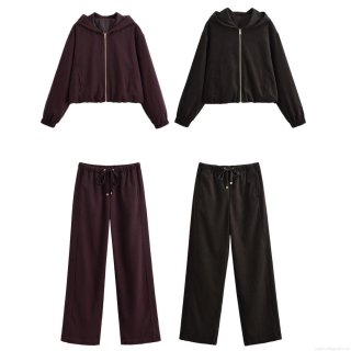 Women's Casual Hooded Zipper Jacket and Drawstring Wide Leg Pants Two Piece Set Polyester Solid Color Streetwear Tracksuit Outfits for Women Autumn Winter