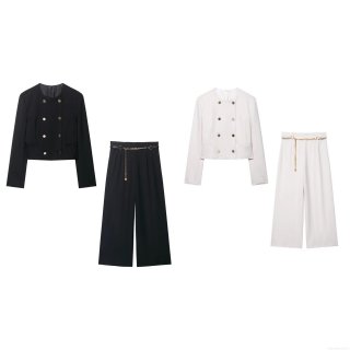 Women Double Breasted Short Blazer And Wide Leg Pants 2 Piece Set With Metal Chain Belt Solid Color High Waist Suit For Streetwear Office Party Casual Outfits
