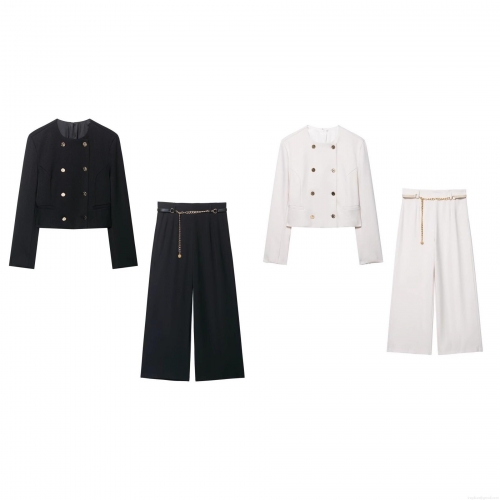 Women Double Breasted Short Blazer And Wide Leg Pants 2 Piece Set With Metal Chain Belt Solid Color High Waist Suit For Streetwear Office Party Casual Outfits