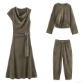 Women's 3-Piece Faux Suede Casual Set Long Sleeve Round Neck Top Asymmetrical Sleeveless Dress Belted Balloon Pants Streetwear Autumn Olive Green