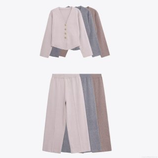 Women's 2-Piece Knit Set Cardigan And Wide Leg Pants Outfits V-Neck Gold Button Long Sleeve Polyester Sweaters High Waist Trousers Casual Loungewear Set
