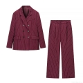 Women's Striped Double Breasted Blazer and Straight Pants Two Piece Suit Set 100% Polyester Burgundy Office Lady Business Casual Outfits