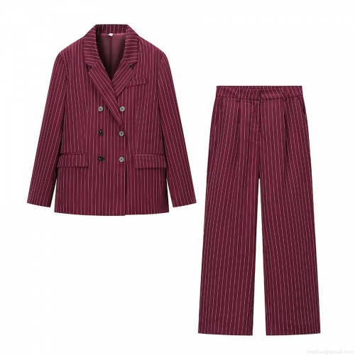 Women's Striped Double Breasted Blazer and Straight Pants Two Piece Suit Set 100% Polyester Burgundy Office Lady Business Casual Outfits