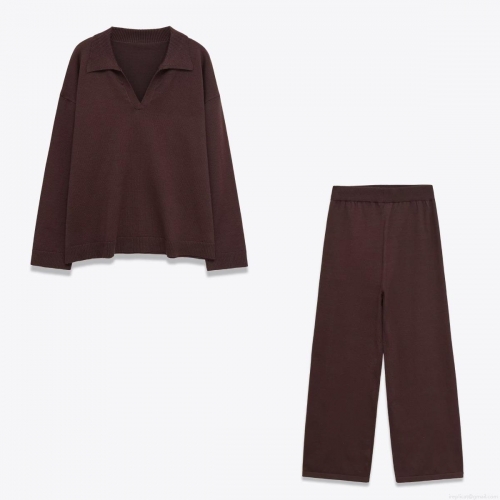 Women's 2-Piece Knit Set Long Sleeve Polo V-Neck Pullover Top And High Waist Wide Leg Pants Casual Solid Color Outfits For Autumn Winter