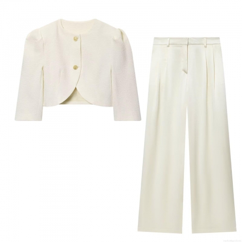 Women's Elegant Tweed Cropped Blazer And Satin Wide Leg Pants Two Piece Set With Gold Buttons Puff Sleeve Western Street Style Outfit For Ladies Autumn Fall