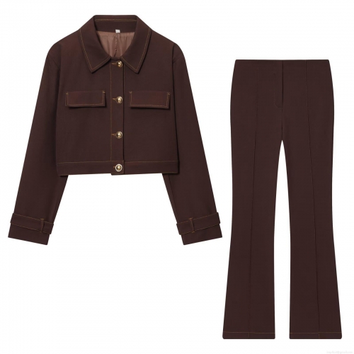 Women's Retro Dark Brown Two Piece Set Short Workwear Jacket And High Waist Flared Pants With Contrast Stitching Elegant Streetwear Autumn Co-ords Coated Twill Fabric With Metal Buttons