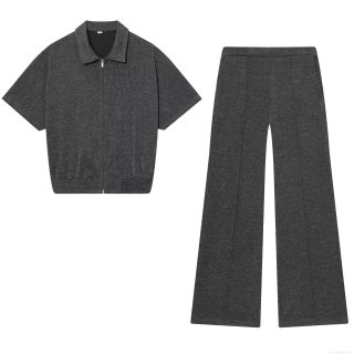 Women's 2 Piece Knit Outfits Set Half Zipper Short Sleeve Polo Top And Wide Leg Pants High Waisted Tracksuit Casual Lounge Set Streetwear