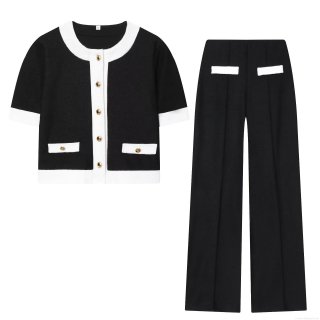 Women's Classic Contrast Trim Short Sleeve Knit Top and High Waist Wide Leg Pants Two Piece Set With Gold Buttons Western Street Style Elegant Autumn Outfits Co-ords