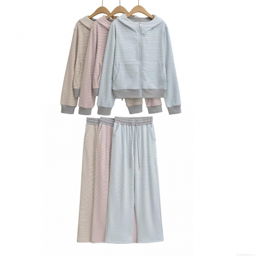 Women's Striped Two Piece Casual Set Hooded Long Sleeve Zipper Jacket And Wide Leg Pants Soft Knit Polyester Loungewear Outfits