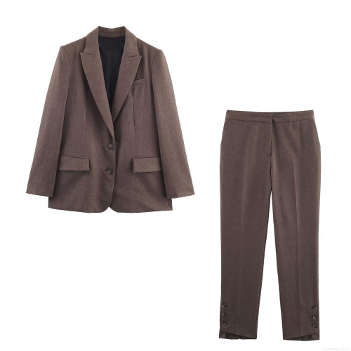 Women Business Suit Set Polyester Notched Lapel Blazer Back Button Detail Straight Leg Pants Solid Color Brown Streetwear Office Lady Elegant Outfit