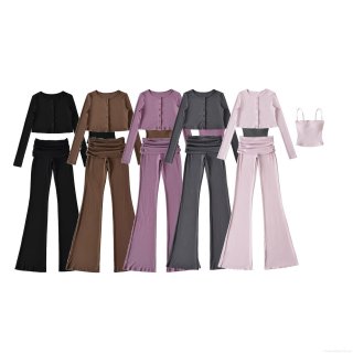 Women's 3 Piece Ribbed Knit Outfits Sexy Cami Top Button Down Cardigan High Waisted Flare Pants Sexy Lounge Sets Streetwear Tracksuits For Fall Autumn