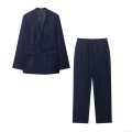 Women's Business Casual 2 Piece Outfits Set Double Breasted V-Neck Blazer And Straight Leg Pants Navy Blue Polyester Office Lady Commute Streetwear Suits