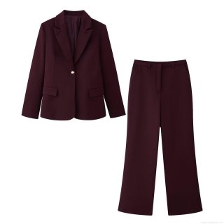 Women's Two Piece Business Suit Set Shoulder Pad Blazer Jacket and High Waist Straight Leg Trousers Career Professional Office Lady Formal Outfits Deep Burgundy