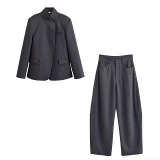 Women 100% Polyester Stand Collar Asymmetrical Single Button Blazer And High Waist Wide Leg Striped Pants Two Piece Set Office Lady Streetwear