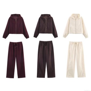 Women's Casual 2 Piece Tracksuit Set Solid Color Hooded Zip-up Sweatshirt and Wide Leg Pants Lounge Outfits for Fall Winter