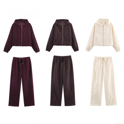 Women's Casual 2 Piece Tracksuit Set Solid Color Hooded Zip-up Sweatshirt and Wide Leg Pants Lounge Outfits for Fall Winter