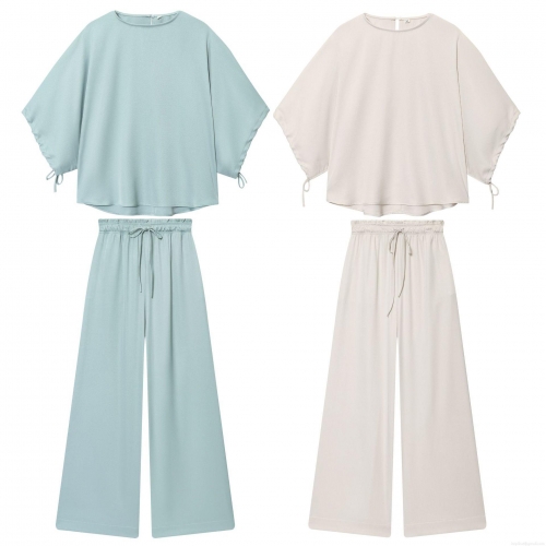 Women's Casual Two Piece Pants Set Polyester Solid Color Short Sleeve Tie Cuff Shirt And High Waist Wide Leg Long Trousers Suit For Daily Streetwear