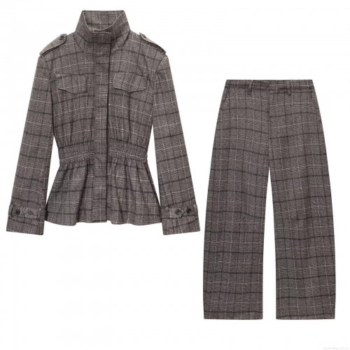 Women's 2-Piece Plaid Suit Set Woven Polyester Waist Cinching Stand Collar Jacket And Wide Leg Pants European Street Style Autumn Winter Outfit Office Streetwear