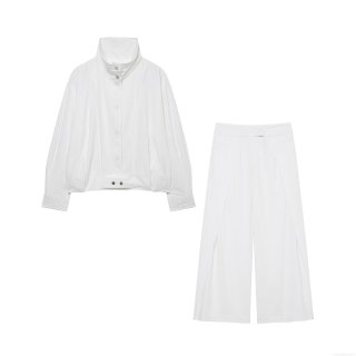Women's 2 Piece Set White Pilot Jacket And Pleated Wide Leg Pants 100% Polyester Casual Streetwear Long Sleeve Stand Collar Outfit For Autumn