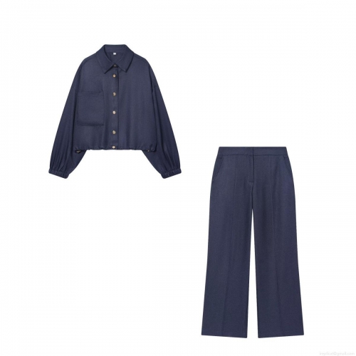 Women European Style Twill Casual Two Piece Set Short Jacket With Wide Leg Pants Navy Blue Drawstring Hem Outwear Trousers Set For Streetwear Daily Wear