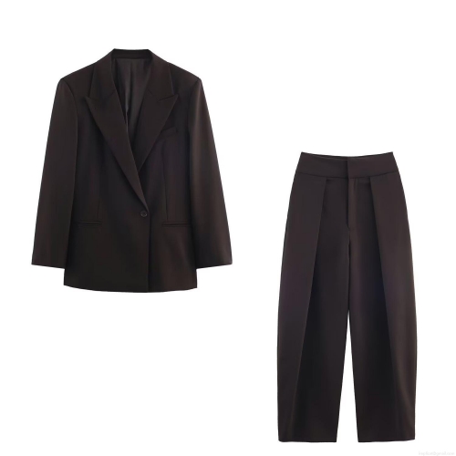 Women European Style 95% Polyester Blazer and High Waisted Pleated Wide Leg Pants Set Loose Peaked Lapel Jacket Professional Office Streetwear Outfit
