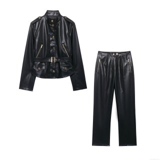 Women's PU Leather Moto Jacket and Pants 2 Piece Set Faux Leather Suit With Belt Gold Zipper Streetwear Casual Outfit Autumn Winter