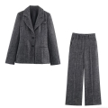 Women's Herringbone Tweed Two Piece Set Single Breasted Blazer Jacket And Wide Leg Pants Elegant Office Commute Suit Grey Autumn Winter Streetwear Co-ords