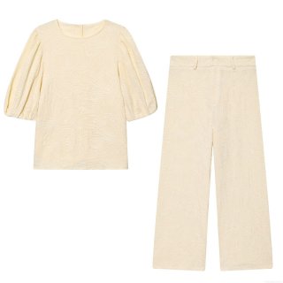 Women's Elegant 2 Piece Set Embroidered Jacquard Round Neck Puff Sleeve Top and High Waist Wide Leg Pants Casual Streetwear Outfits for Ladies