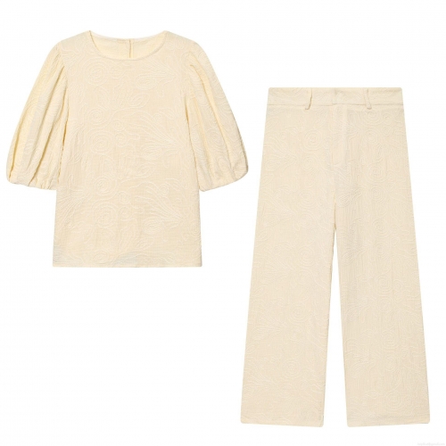 Women's Elegant 2 Piece Set Embroidered Jacquard Round Neck Puff Sleeve Top and High Waist Wide Leg Pants Casual Streetwear Outfits for Ladies