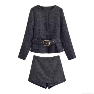 Women's 2-Piece Tweed Suit Set Elegant Long Sleeve Round Neck Jacket with Belt and High Waist Shorts for Office Party Chic Streetwear Fashion