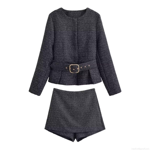 Women's 2-Piece Tweed Suit Set Elegant Long Sleeve Round Neck Jacket with Belt and High Waist Shorts for Office Party Chic Streetwear Fashion