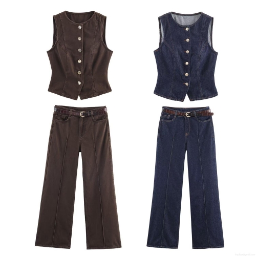 Women's Vintage Denim Vest And High Waist Pants Set Sleeveless Button Down Waistcoat With Belt Straight Leg Trousers Casual Streetwear Two Piece Outfit