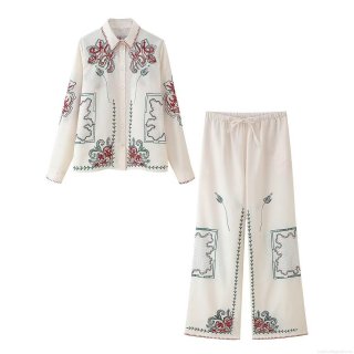 Women's Embroidery Long Sleeve Button Down Shirt And High Waist Wide Leg Pants Set Polyester Blend Casual Bohemian Floral 2-Piece Suits For Women