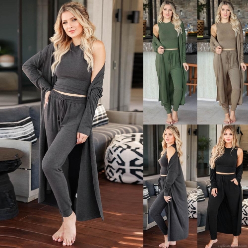 Women's 3-Piece Knitted Set Slim Fit Ribbed Crop Tank Top High Waist Drawstring Jogger Pants Long Sleeve Open Front Cardigan Outfits Casual Loungewear Sporty Tracksuit Soft Knit Solid Color Comfy Sets