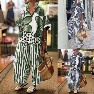 Women's Plus Size Floral Print Two Piece Set Polyester Spandex Short Sleeve Button Down Shirt And Wide Leg Pants Casual Bohemian Summer Vacation Outfit