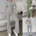 Women 2 Piece Ribbed Knit Set Long Sleeve Zip Up Cardigan Top High Waisted Flare Pants Casual Tracksuit Solid Color Autumn Winter Loungewear Outfit