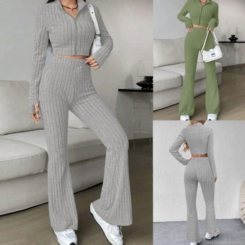 Women 2 Piece Ribbed Knit Set Long Sleeve Zip Up Cardigan Top High Waisted Flare Pants Casual Tracksuit Solid Color Autumn Winter Loungewear Outfit