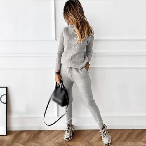 Women's Knit Two Piece Set High Neck Long Sleeve Pullover Sweater And Drawstring Sweatpants Casual Solid Color Tracksuit For Fall Winter