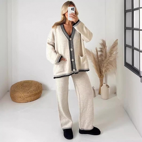 Women's 2 Piece Knit Set V Neck Single Breasted Cardigan and Wide Leg Pants Contrast Stitching Casual Loungewear Outfits