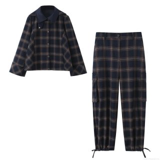 Women's Plaid Hooded Jacket and Cargo Pants Set Polyester Spandex Blend Loose Fit Tartan Outerwear and Trousers with Pockets for Autumn Winter