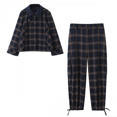 Women's Plaid Hooded Jacket and Cargo Pants Set Polyester Spandex Blend Loose Fit Tartan Outerwear and Trousers with Pockets for Autumn Winter