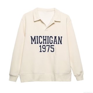 Women Fashion Casual Two Piece Set Fleece Lined Michigan 1975 Letter Print Polo Sweatshirt And Joggers Sport Pants Suit For Winter Daily Wear