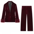 Women's Wine Red Velvet Suit Set Elegant Blazer With Feather Trim Cuffs And Wide Leg Pants Formal Commute Party Evening Two Piece Outfit
