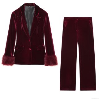 Women's Wine Red Velvet Suit Set Elegant Blazer With Feather Trim Cuffs And Wide Leg Pants Formal Commute Party Evening Two Piece Outfit