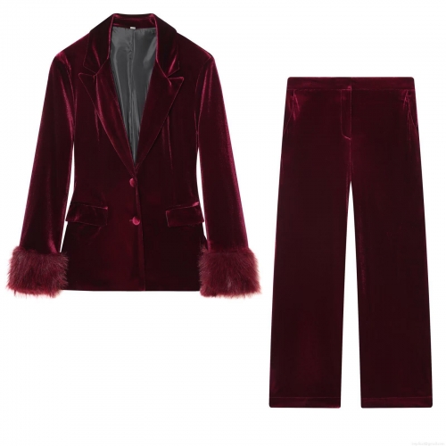 Women's Wine Red Velvet Suit Set Elegant Blazer With Feather Trim Cuffs And Wide Leg Pants Formal Commute Party Evening Two Piece Outfit