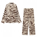 Women's Zebra Print Two Piece Set Long Sleeve Lapel Shirt And Drawstring Elastic Waist Pants Lightweight Chiffon Blend Casual Animal Pattern Outfit For Women
