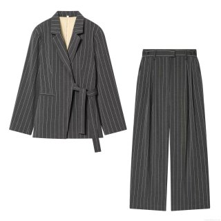 Women's Professional Stripe Blazer And Wide Leg Pants Set TR Blend Belted Long Sleeve Office Lady Two Piece Business Casual Outfit