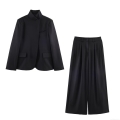 Women's Two-Piece Suit Set Polyester Spandex Asymmetric Stand Collar Blazer Jacket And High Waist Wide Leg Pleated Pants Office Lady Casual Elegant Solid Color Outfit Black
